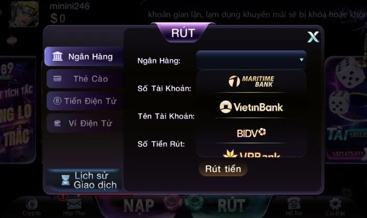 Giao diện rút tiền 789Club